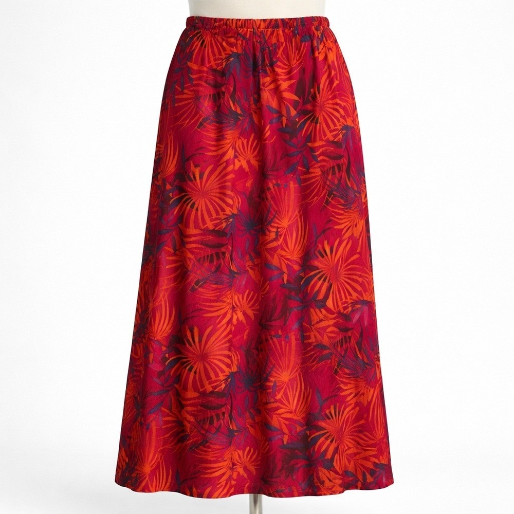 Vintage 100% Silk Tropical Maxi‎ Skirt L Petite Red Cruise Beach Vacation Boho